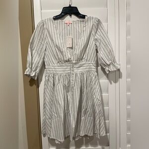 re:named White Striped V-Neck Puff Sleeve Dress